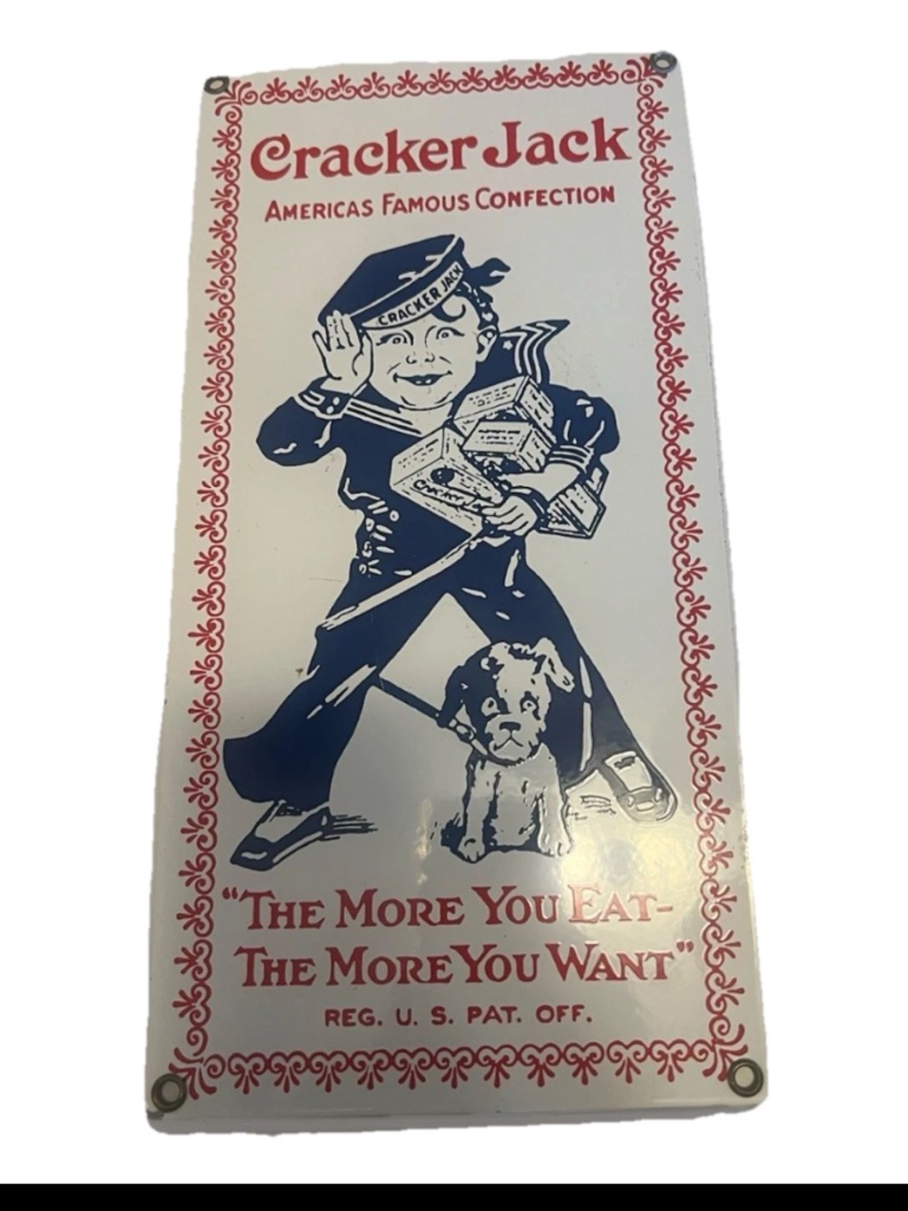 Vintage Cracker Jack Advertising Porcelain metal sign 12"x 6" Ande Rooney